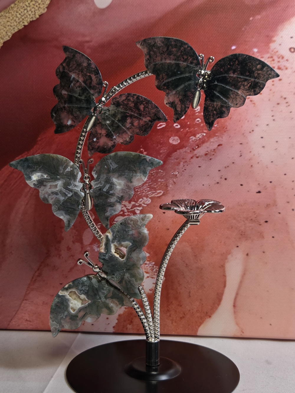 Moss Agate Butterfly Accent Sculpture in Green And Gray- Decorative Stand